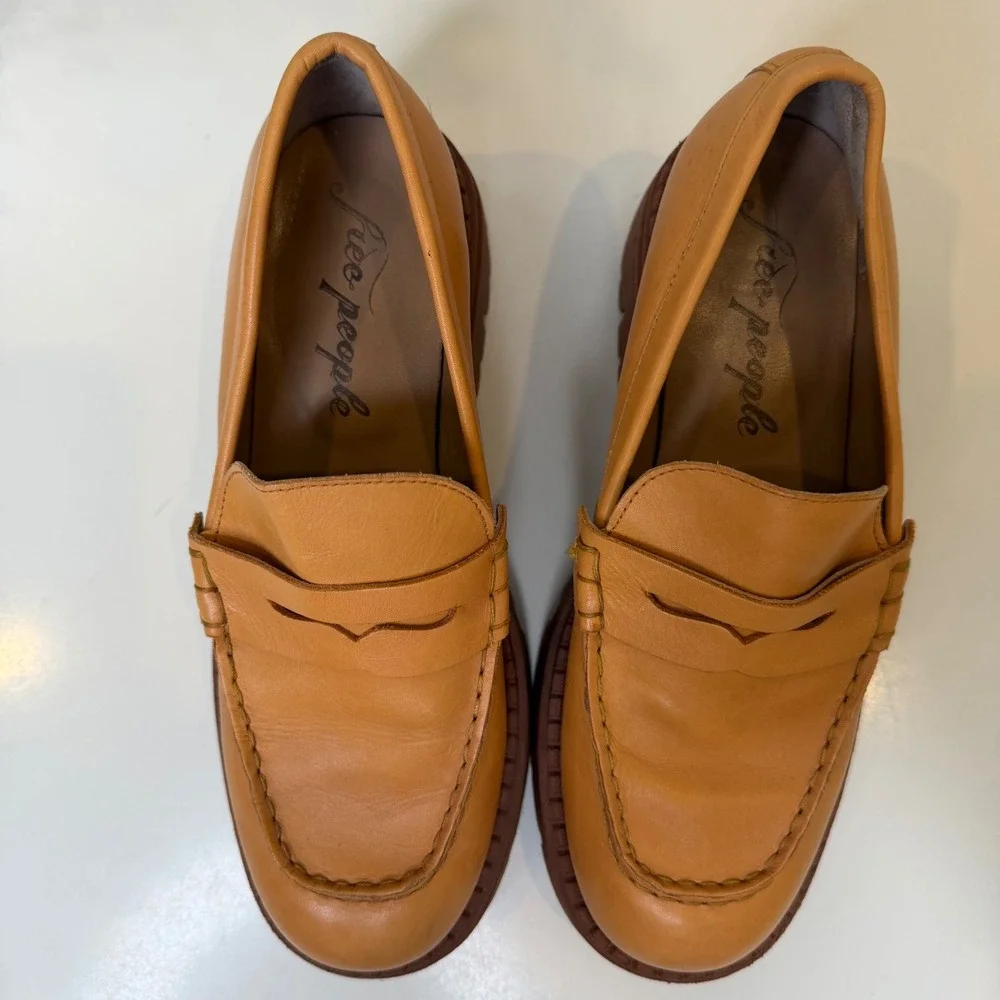 Free People Penny Loafers Womens Saffron Leather Chunky Lug Sole Academia 38